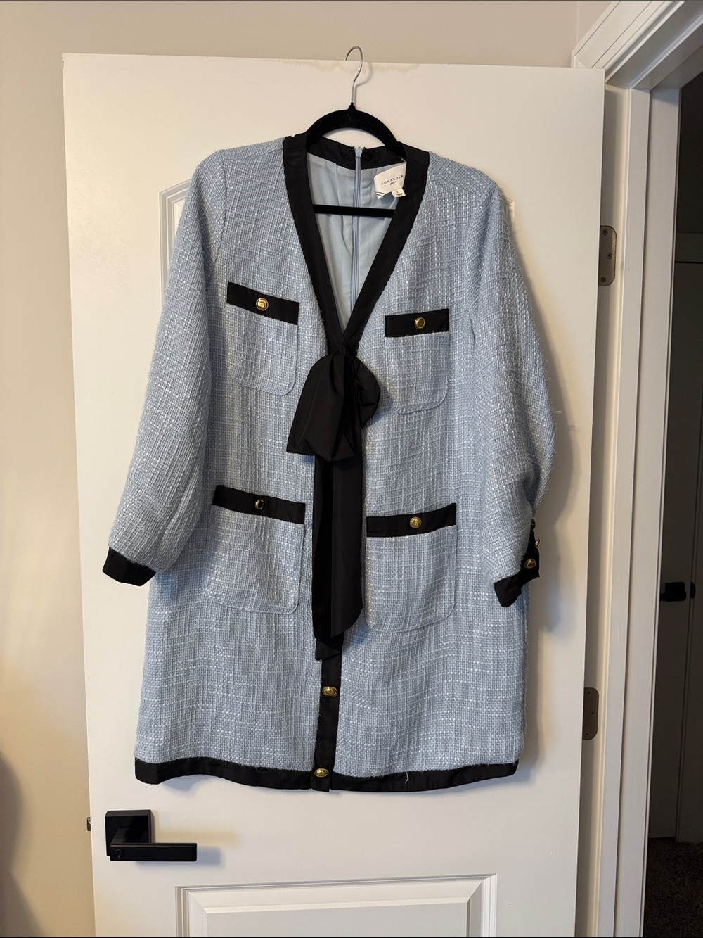 Tuckernuck Powder Blue Bouclé Coat with Black Trim and Bow Tie